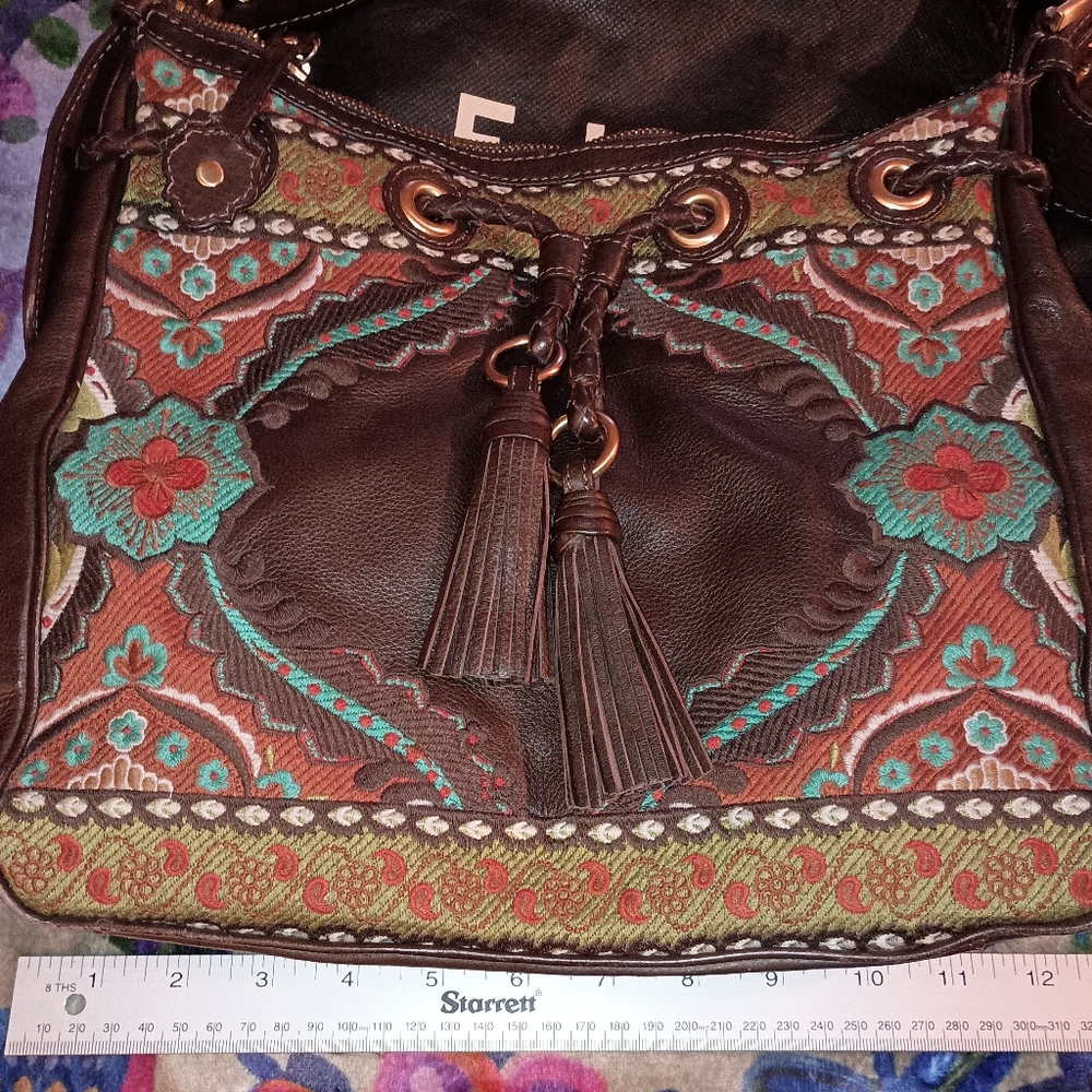 Isabella Fiore Folk Art Boho Embroidered Brown Leather Hobo Bag